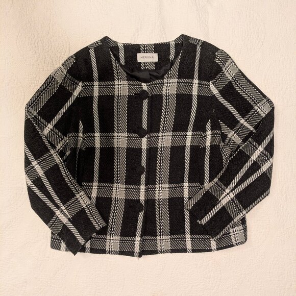 Black & White Plaid Wool-Blend Tweed Lined Collarless Lady Jacket - Picture 2 of 7